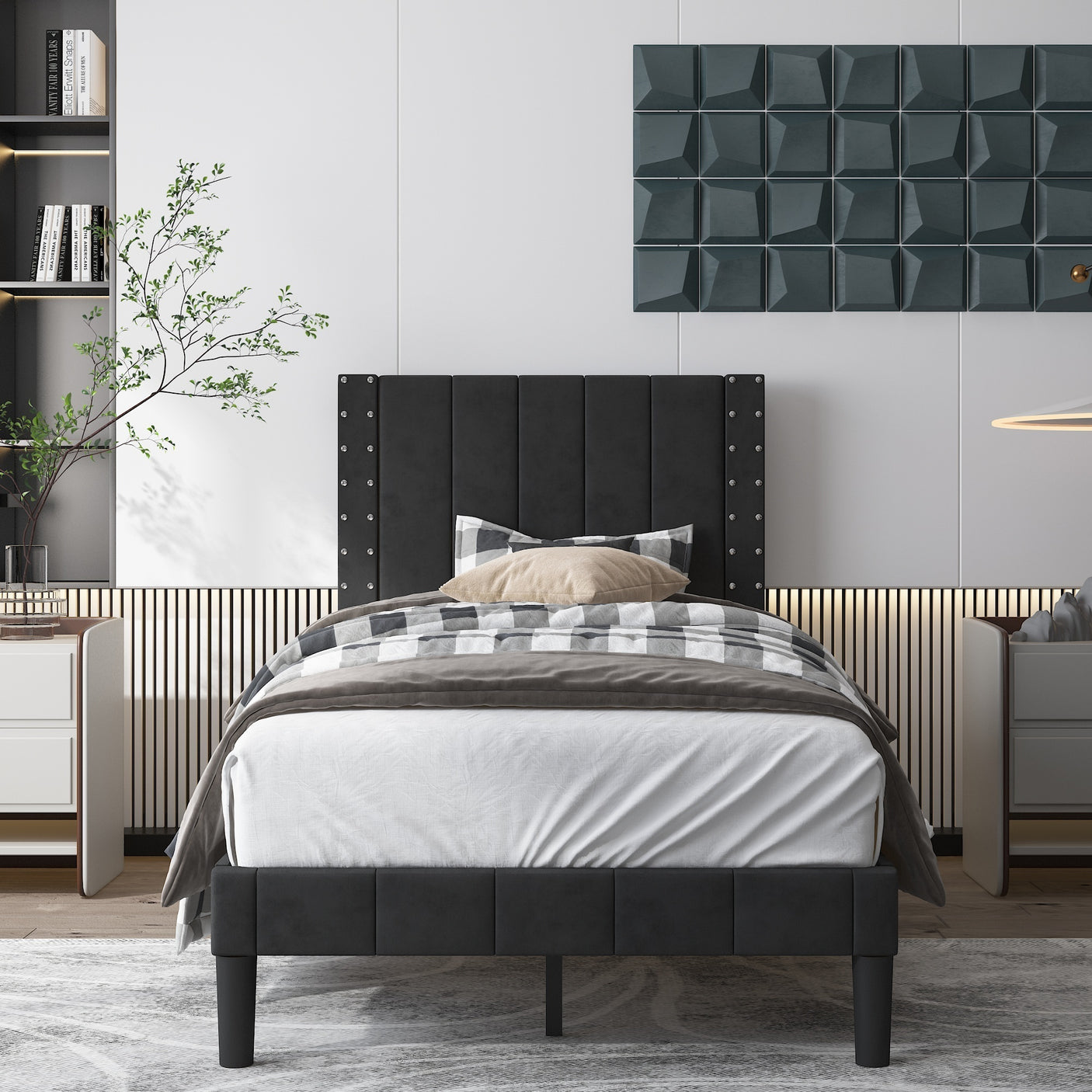 Vertical stripe Upholstered Headboard Platform Bed Frame，With wood Slat Support, Easy Assembly, Twin/Full/Queen  Black - Home Elegance USA