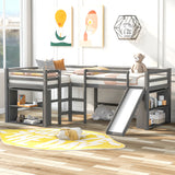 Twin Size L-Shaped Loft Bed with Movable Two-Tier Shelves and Slide,Gray - Home Elegance USA