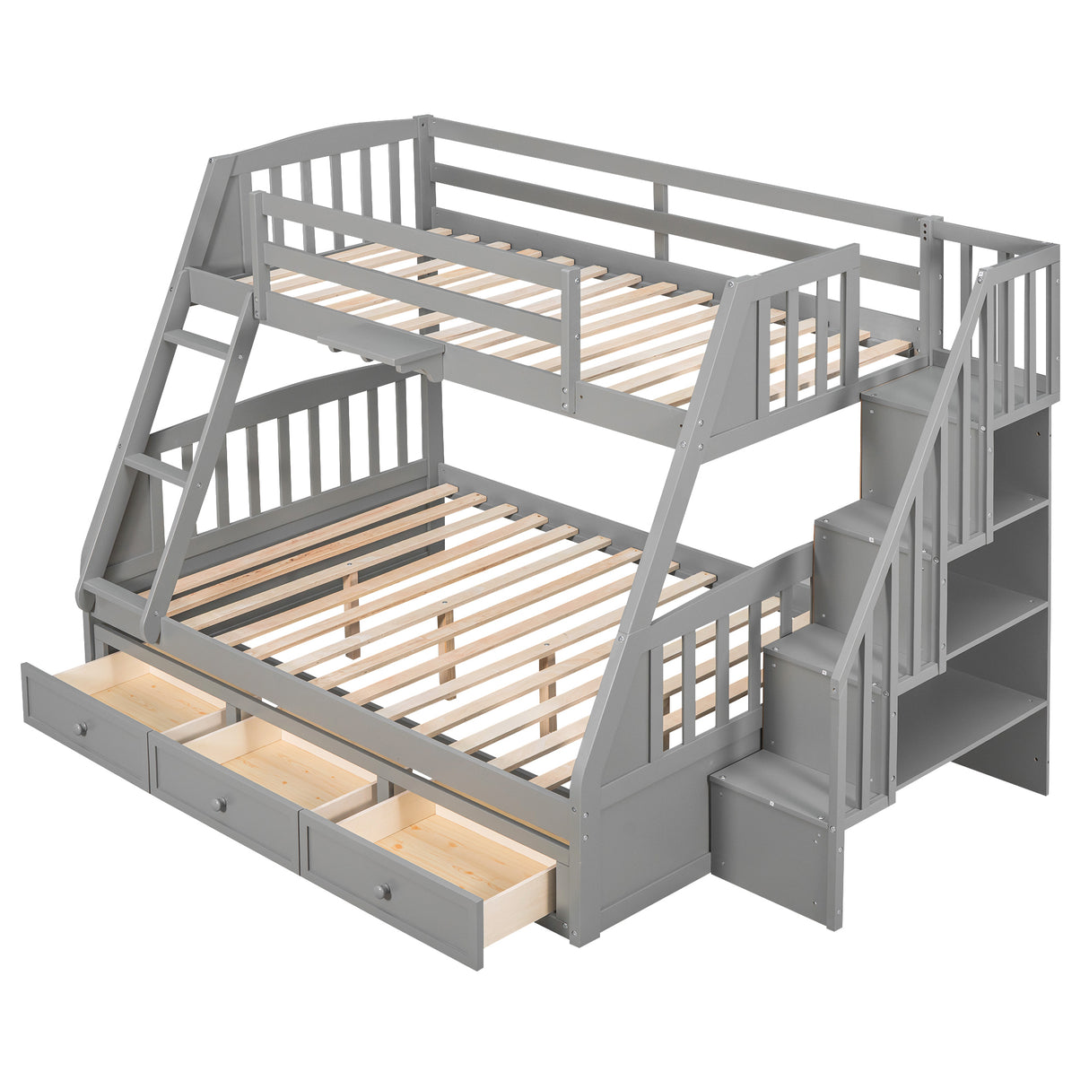 Twin-Over-Full Bunk Bed with Drawers，Ladder and Storage Staircase, Gray - Home Elegance USA