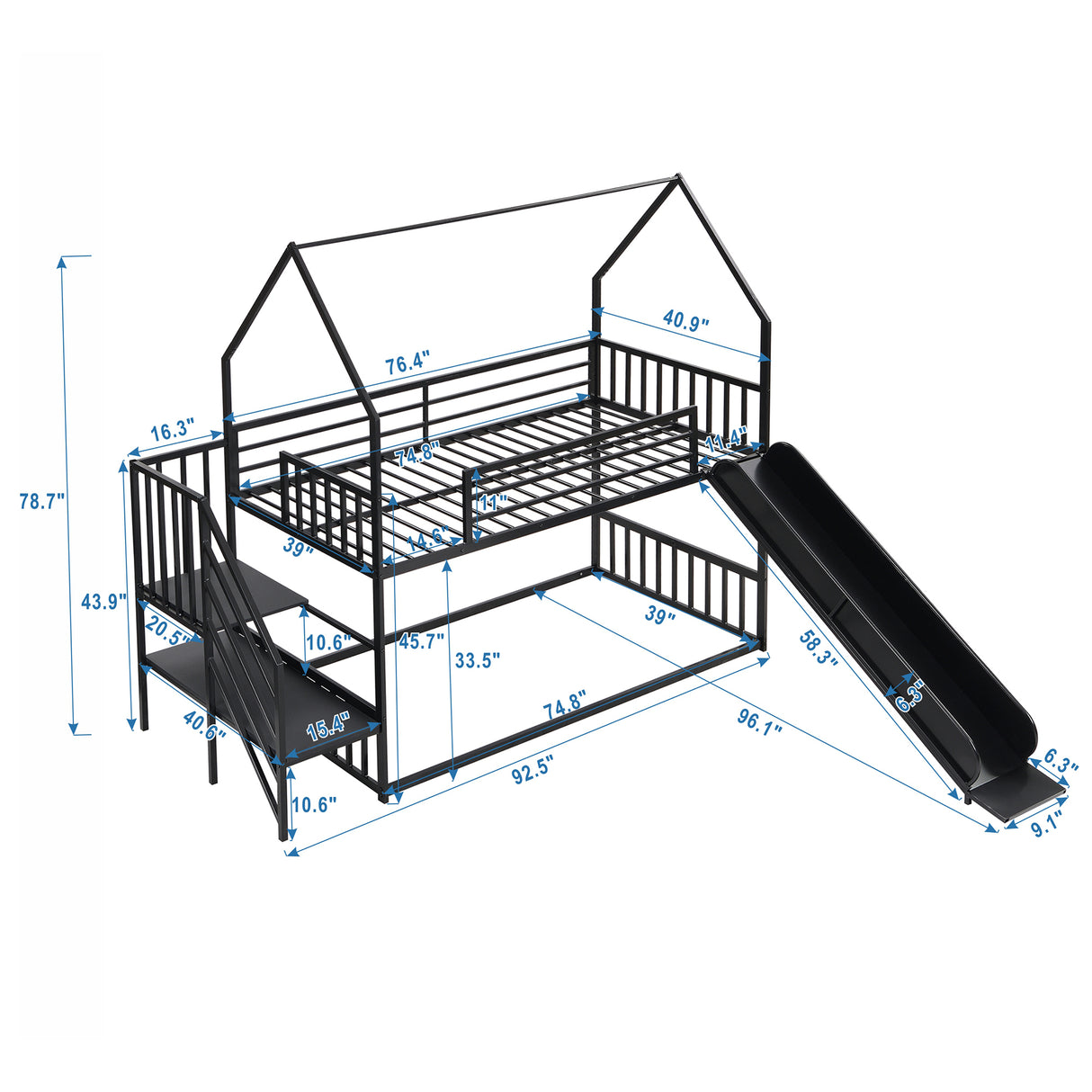 Twin Size Metal Bunk Bed House Bed with Slide and Staircase, Black