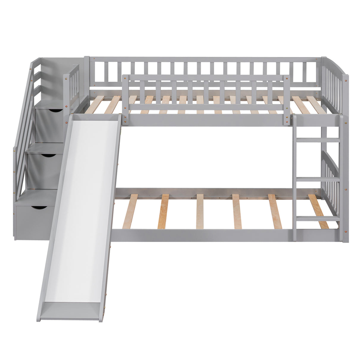 Stairway Twin over Twin Bunk Bed with Two Drawers and Slide, Gray(OLD SKU :LT000155AAE) - Home Elegance USA