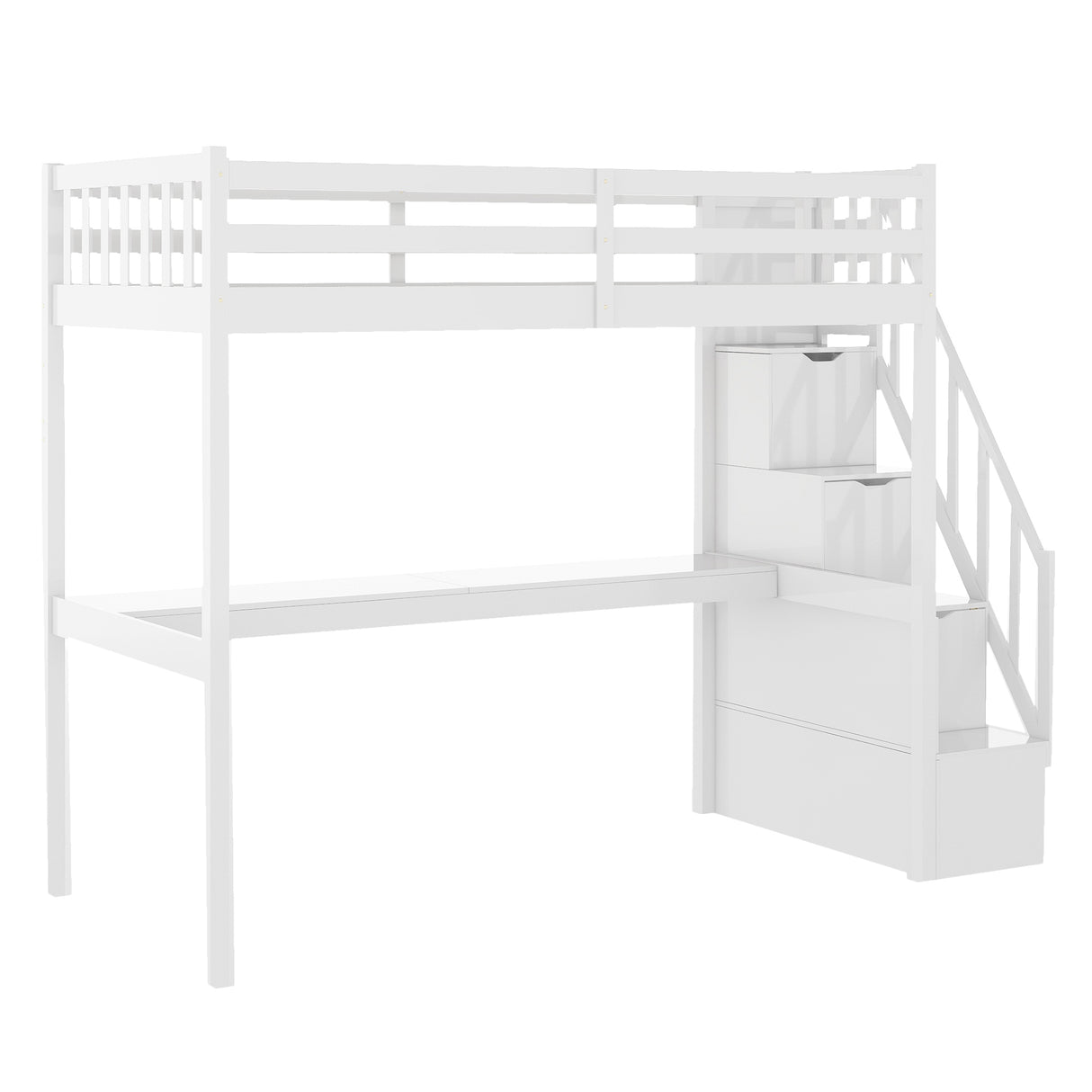 Twin Size Loft Bed with Staircase and Built-in Desk ,White - Home Elegance USA