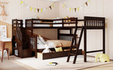 Twin over Full L-Shaped Bunk Bed With 3 Drawers, Ladder and Staircase - Espresso - Home Elegance USA