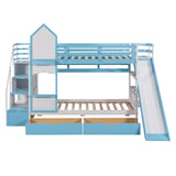Twin-Over-Twin Castle Style Bunk Bed with 2 Drawers 3 Shelves and Slide - Blue