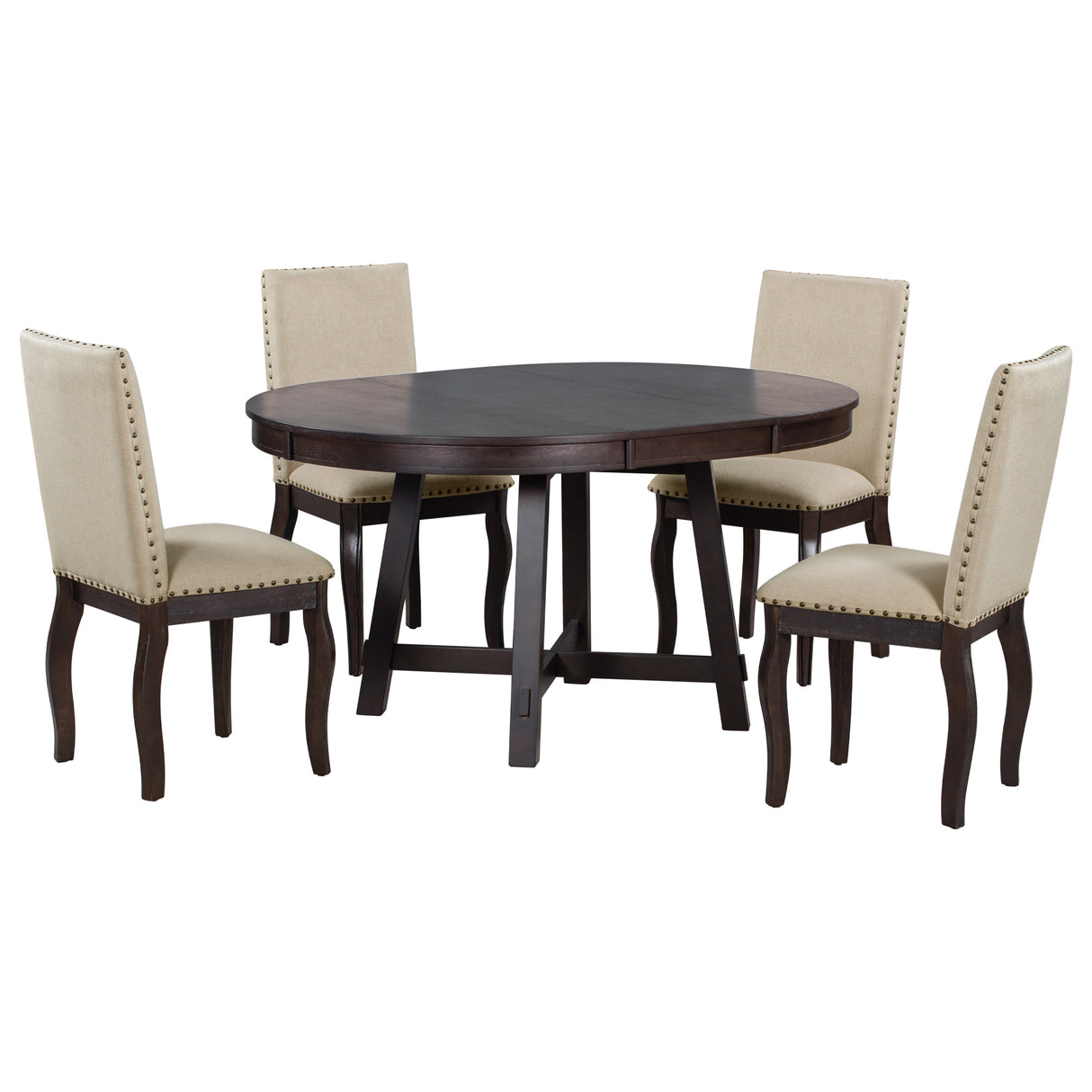 TREXM 5-Piece Farmhouse Dining Table Set Wood Round Extendable Dining Table and 4 Upholstered Dining Chairs (Espresso) - Home Elegance USA