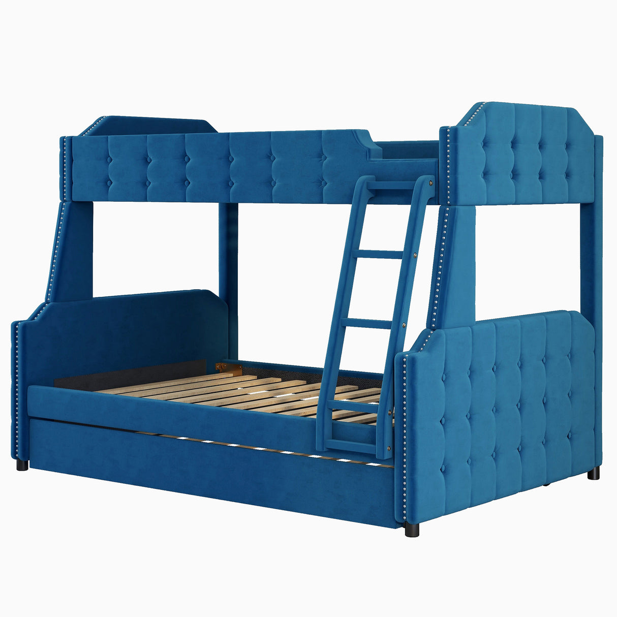 Twin over Full Upholstered Bunk Bed with Trundle and Ladder,Tufted Button Design,Blue - Home Elegance USA