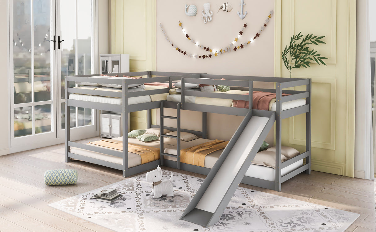 Full and Twin Size L-Shaped Bunk Bed with Slide and Short Ladder,Gray - Home Elegance USA