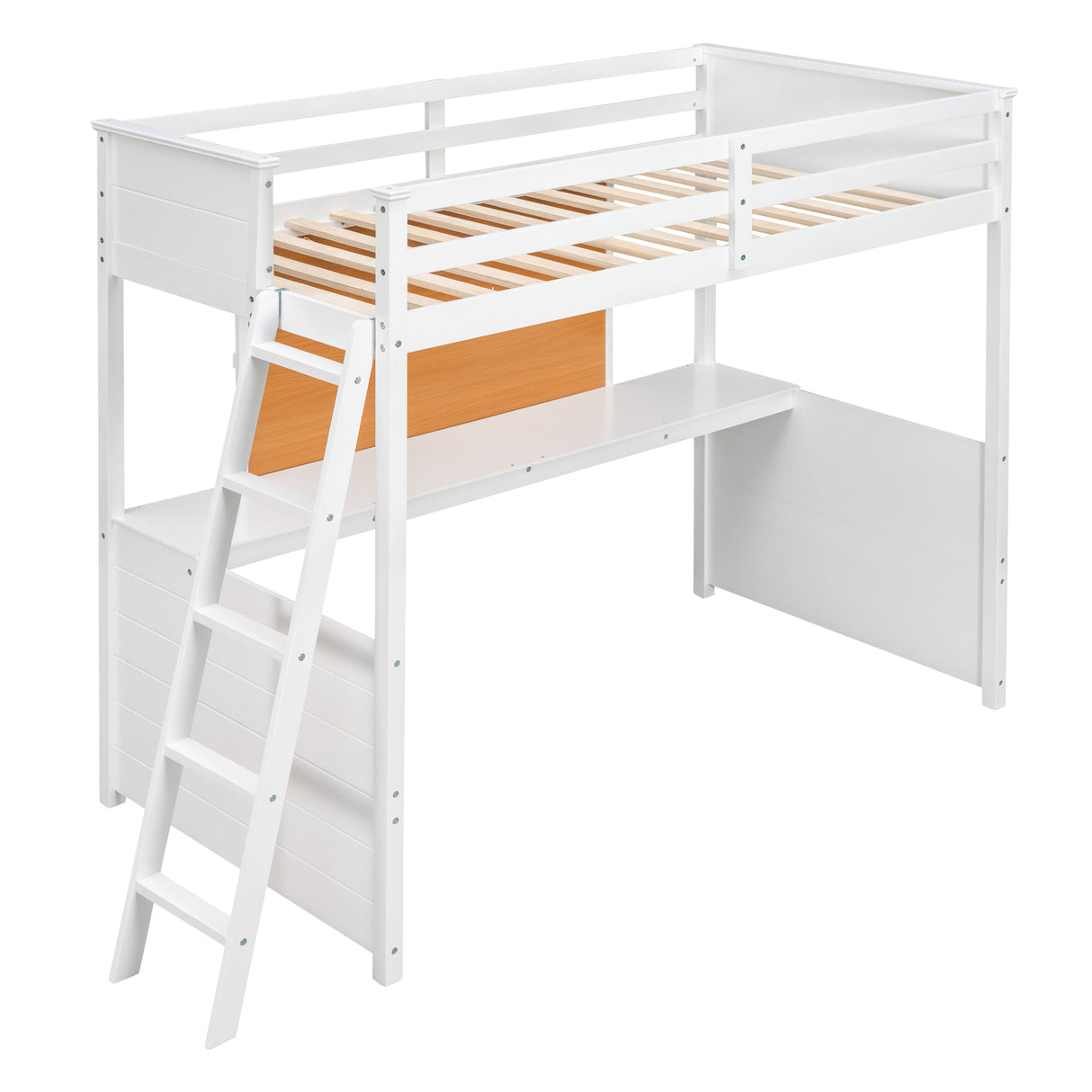 Twin size Loft Bed with Desk and Writing Board, Wooden Loft Bed with Desk - White - Home Elegance USA