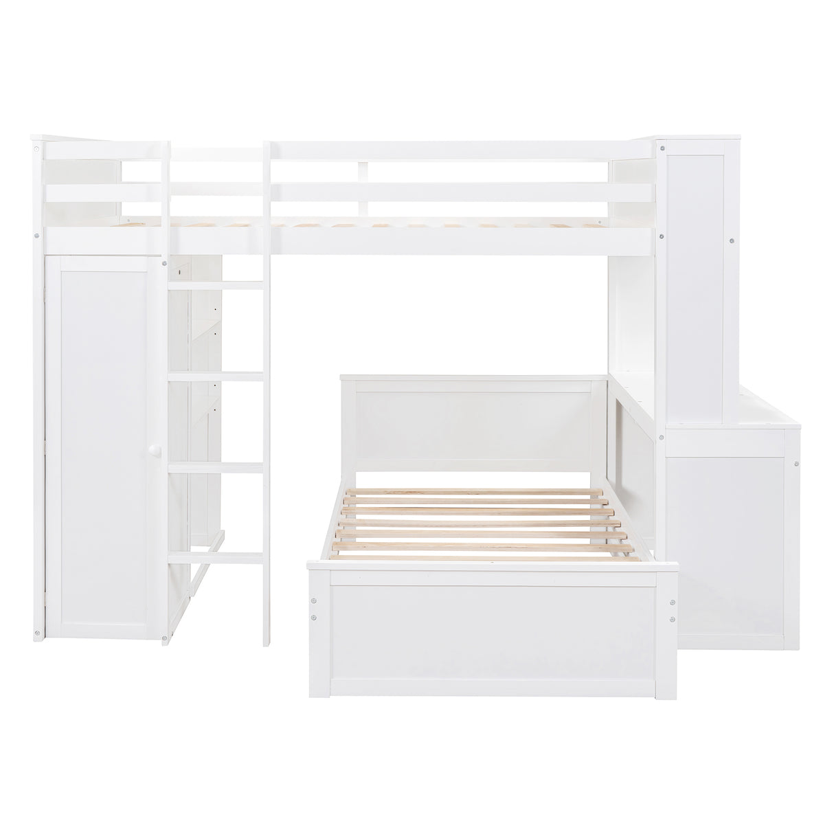 Full size Loft Bed with a twin size Stand-alone bed, Shelves,Desk,and Wardrobe-White - Home Elegance USA