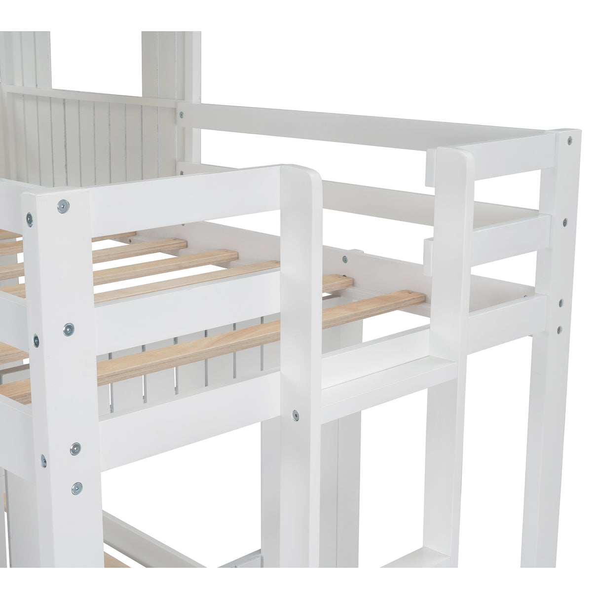 Wooden Twin Over Full Bunk Bed, Loft Bed with Playhouse, Farmhouse, Ladder and Guardrails, White( old sku: LT000027AAK ) - Home Elegance USA