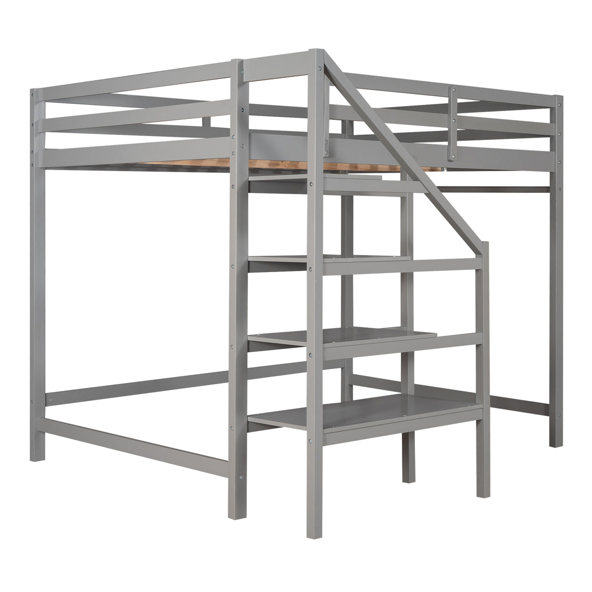 Full Size Loft Bed with Built-in Storage Staircase and Hanger for Clothes,Gray - Home Elegance USA