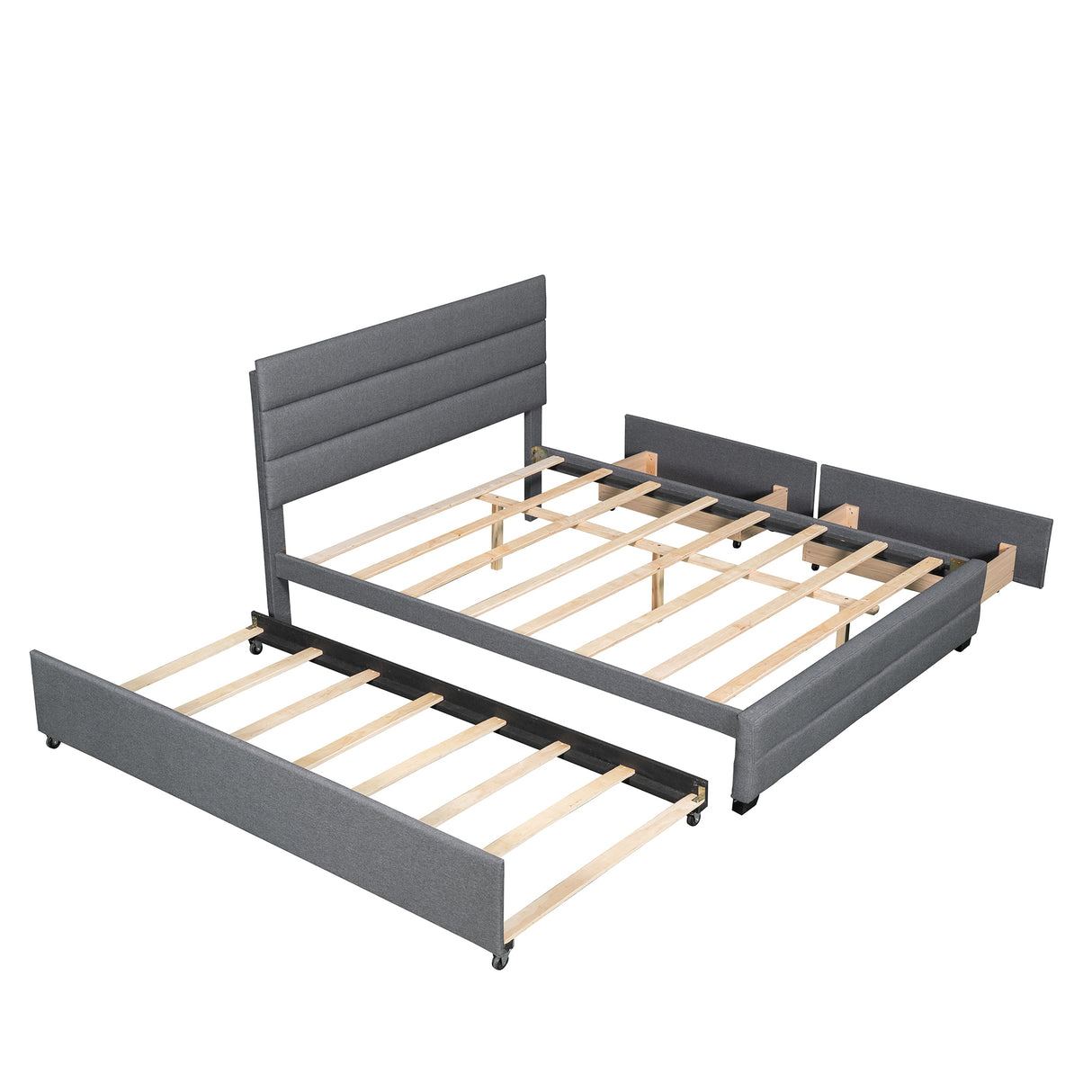 Queen Upholstered Platform Bed with Twin Size Trundle and Two Drawers,Grey - Home Elegance USA