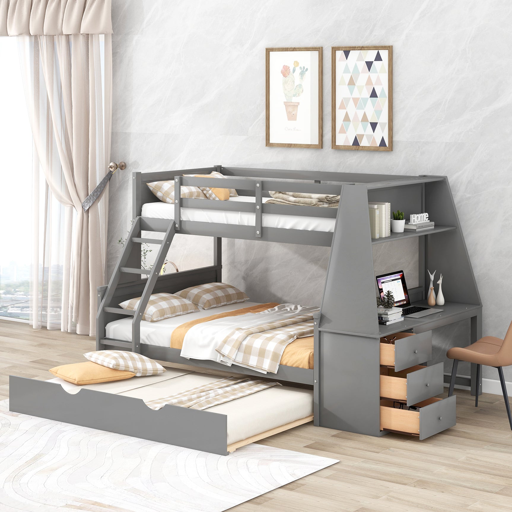 Twin over Full Bunk Bed with Trundle and Built-in Desk, Three Storage Drawers and Shelf,Gray - Home Elegance USA