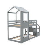 Twin Over Twin Bunk Bed with Storage Stairs,Wood Bed with Roof, Window, Guardrail, Ladder，Gray+White - Home Elegance USA