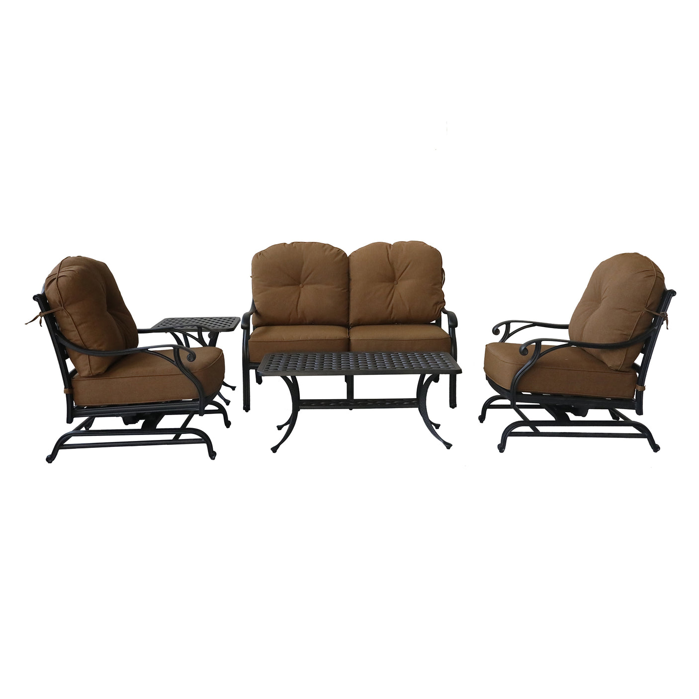 Cast Aluminum 5 Piece Sofa Seating Group with Cushions, Brown