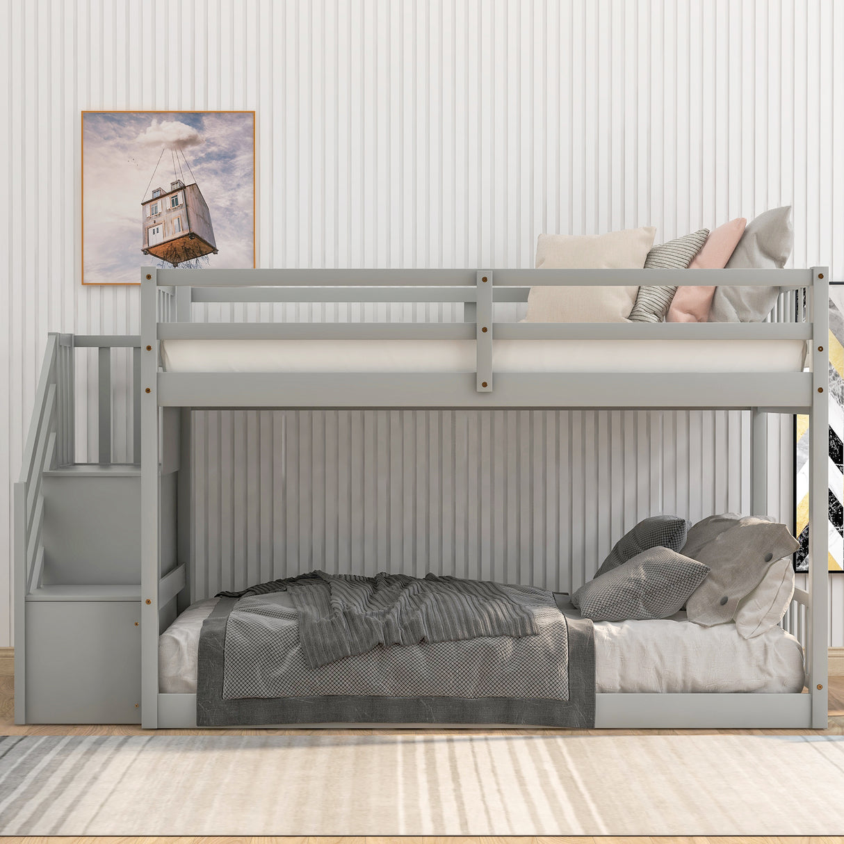 Twin over Twin Floor Bunk Bed, Ladder with Storage, Gray - Home Elegance USA