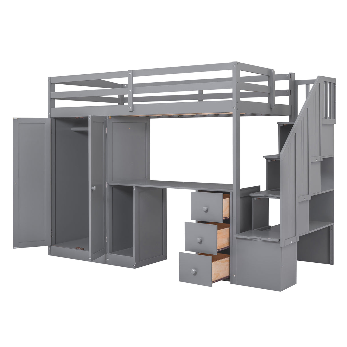 Twin Size Loft Bed with Wardrobe and Staircase, Desk and Storage Drawers and Cabinet in 1,Gray - Home Elegance USA