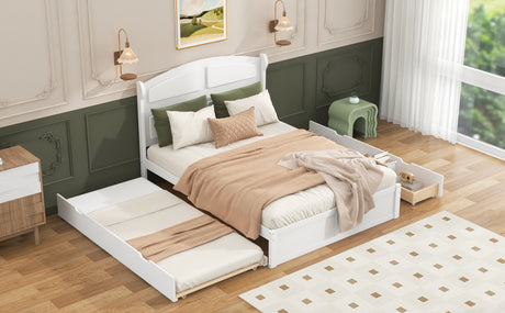 Wood Queen Size Platform Bed with Twin Size Trundle and 2 Drawers, White(Expected Arrival Time: 9.2)