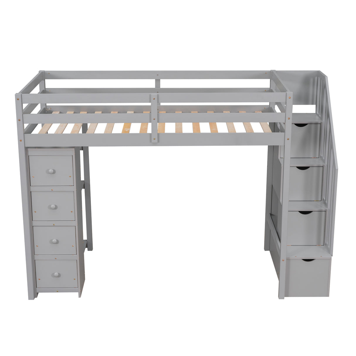 Twin size Loft Bed with Storage Drawers and Stairs, Wooden Loft Bed with Shelves - Gray - Home Elegance USA