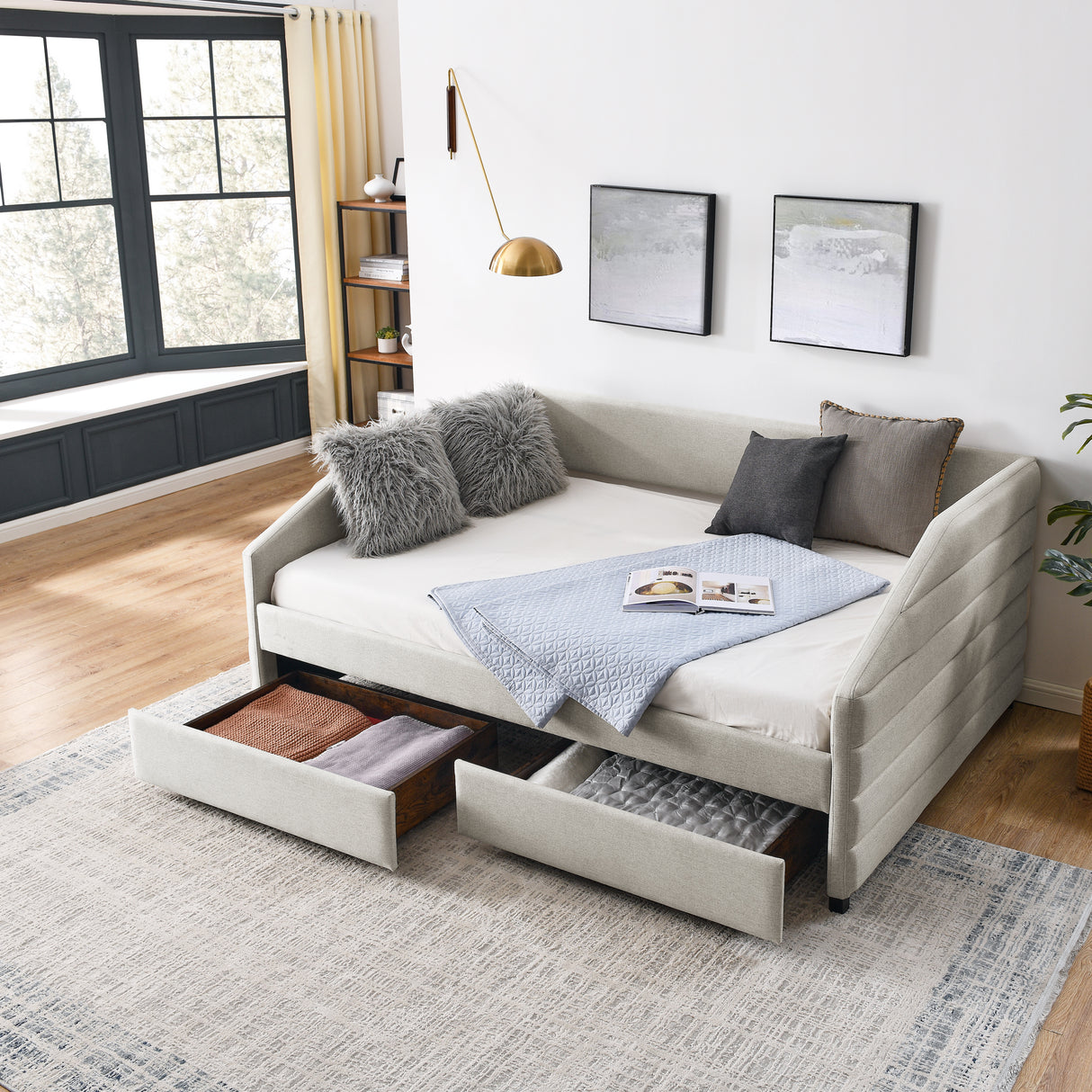 Full Size Daybed with Two Drawers Trundle Upholstered Tufted Sofa Bed, Linen Fabric, Beige (82.5"x58"x34")