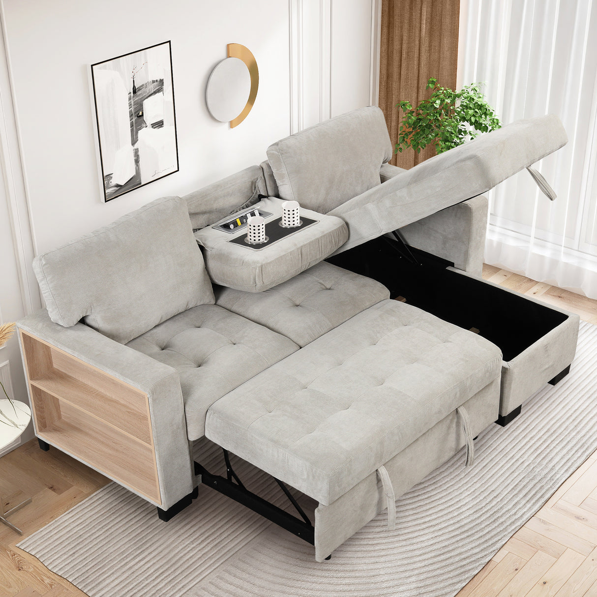 Stylish and Functional Light Chaise Lounge Sectional with Storage Rack Pull-out Bed Drop Down Table  and USB Charger Light Gray - Home Elegance USA