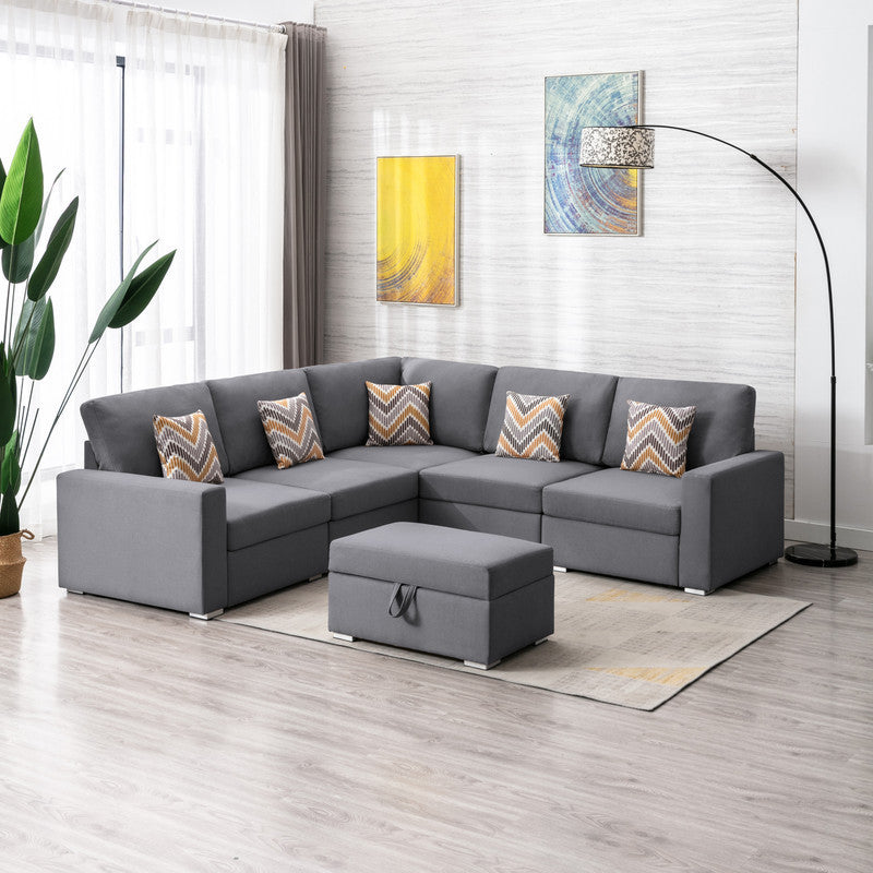 Nolan Gray Linen Fabric 6Pc Reversible Sectional Sofa with Pillows, Storage Ottoman, and Interchangeable Legs - Home Elegance USA