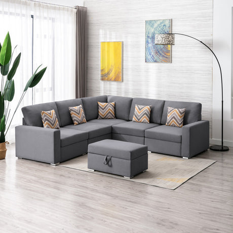 Nolan Gray Linen Fabric 6Pc Reversible Sectional Sofa with Pillows, Storage Ottoman, and Interchangeable Legs - Home Elegance USA