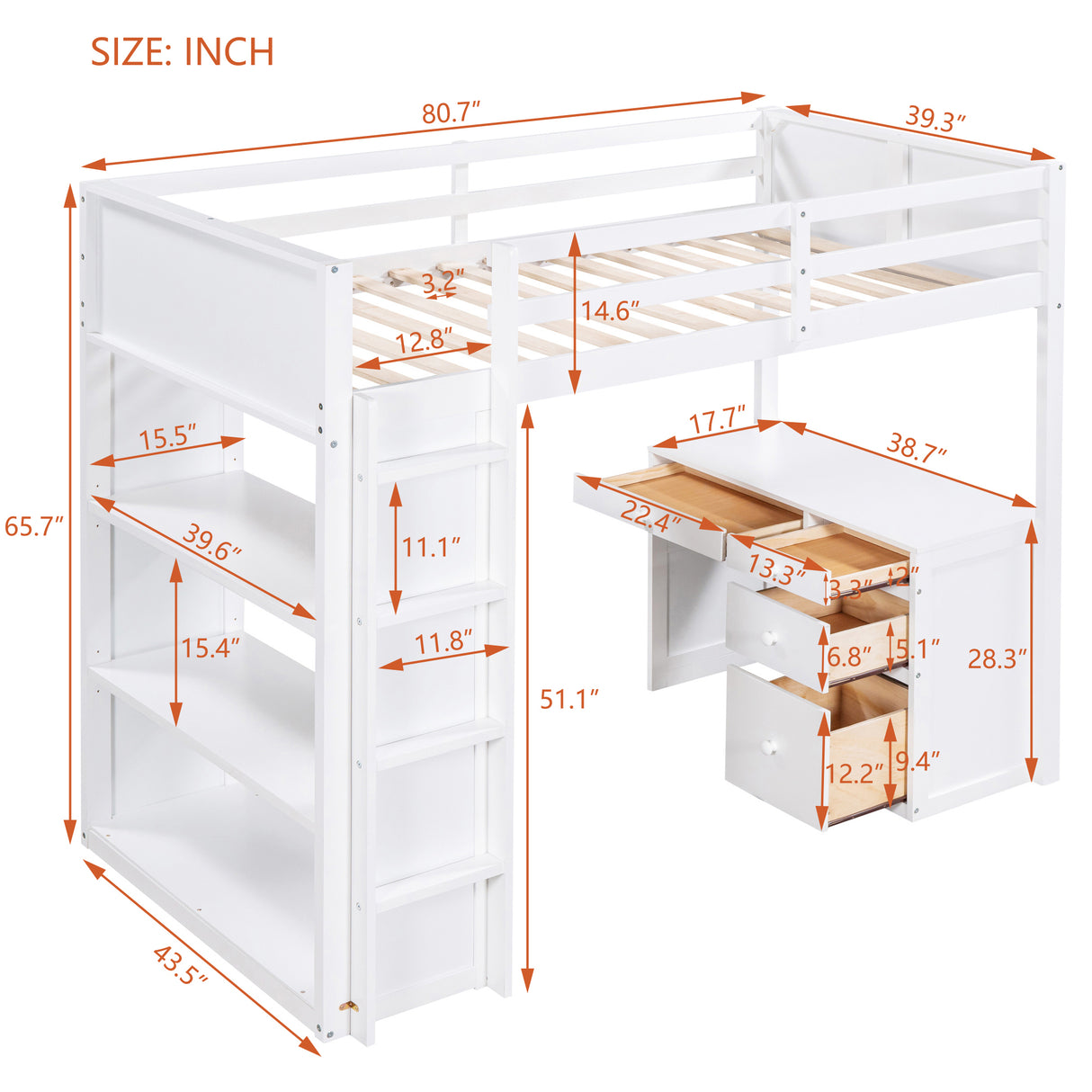 Twin Size Loft Bed with Ladder, Shelves, and Desk, White - Home Elegance USA