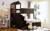 Stairway Twin Over Full Bunk Bed, House Bed with Two Shelves and Seven Drawers,Espresso - Home Elegance USA