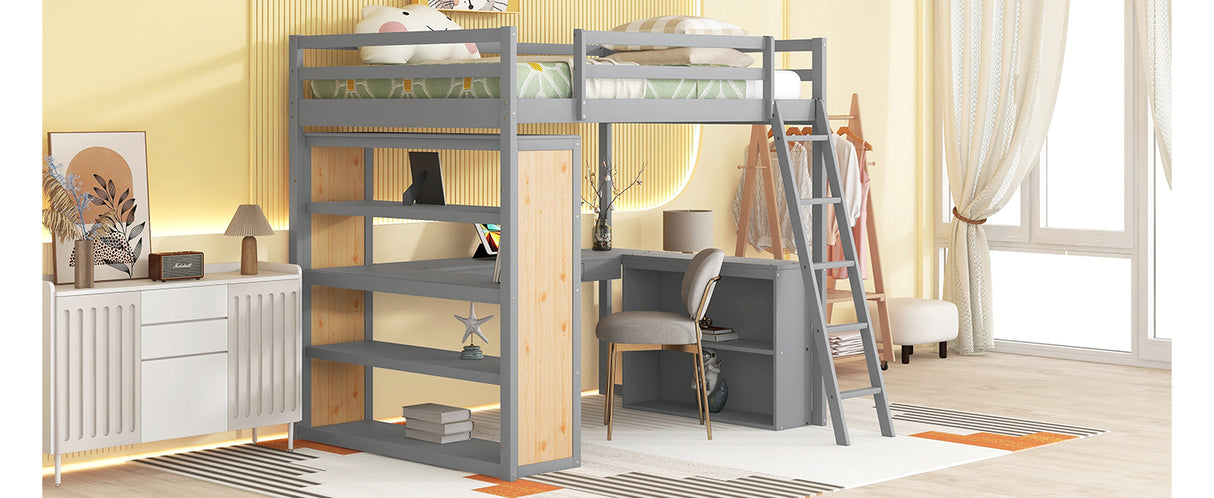 Full Size Loft Bed with Ladder, Shelves, and Desk, Gray - Home Elegance USA