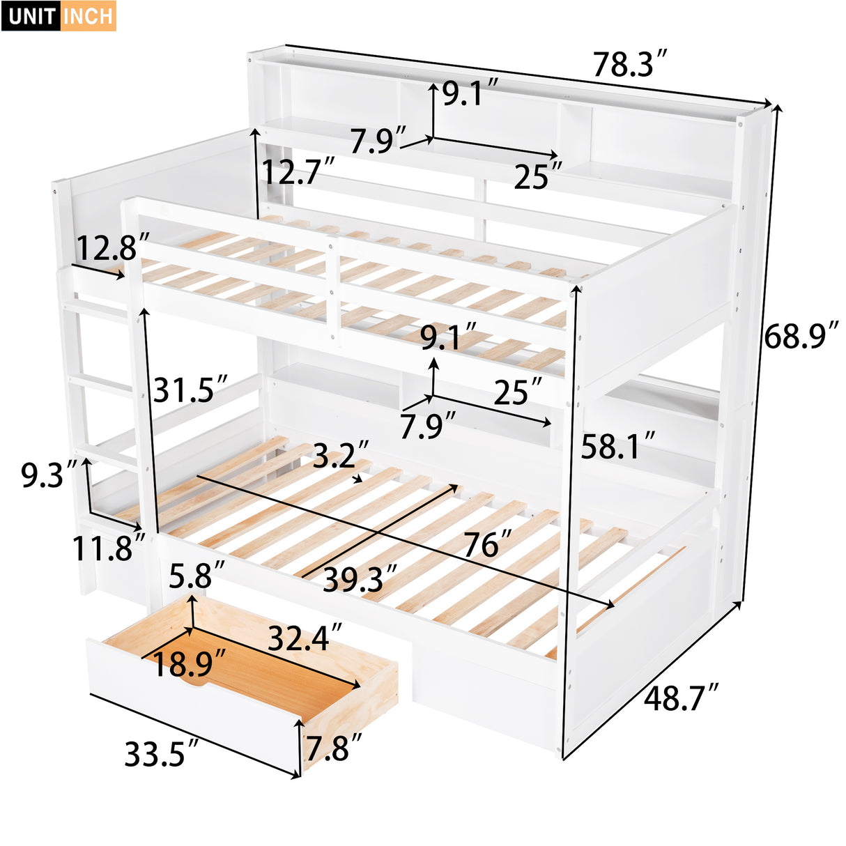 Twin Size Bunk Bed with Built-in Shelves Beside both Upper and Down Bed and Storage Drawer,White - Home Elegance USA