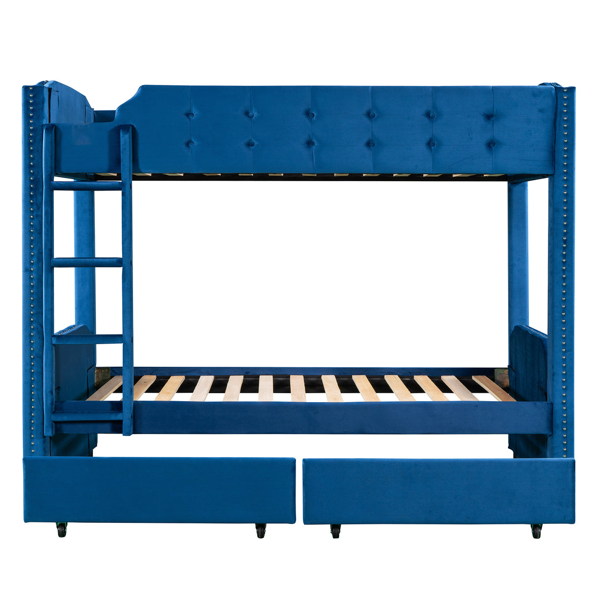 Twin over Twin Upholstered Bunk Bed with Two Drawers, Button-Tufted Headboard and Footboard Design, Blue - Home Elegance USA