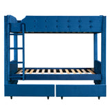 Twin over Twin Upholstered Bunk Bed with Two Drawers, Button-Tufted Headboard and Footboard Design, Blue - Home Elegance USA