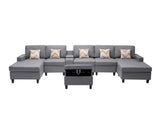 Nolan Gray Linen Fabric 7Pc Double Chaise Sectional Sofa with Interchangeable Legs, Storage Ottoman, Pillows, and a USB, Charging Ports, Cupholders, Storage Console Table - Home Elegance USA