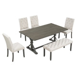 TREXM 6-Piece Farmhouse Dining Table Set 72" Wood Rectangular Table, 4 Upholstered Chairs with Bench (Gray) - Home Elegance USA