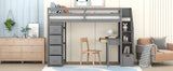 Twin size Loft Bed with Storage Drawers ,Desk and Stairs, Wooden Loft Bed with Shelves - Gray - Home Elegance USA