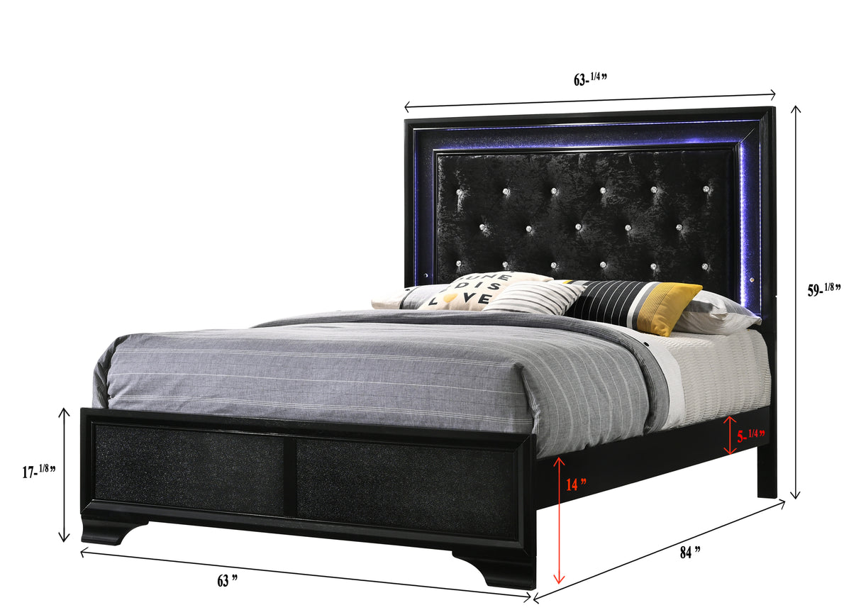 Modern Black Finish Upholstered 1pc Queen Size LED Panel Bed Faux Diamond Tufted Bedroom Furniture