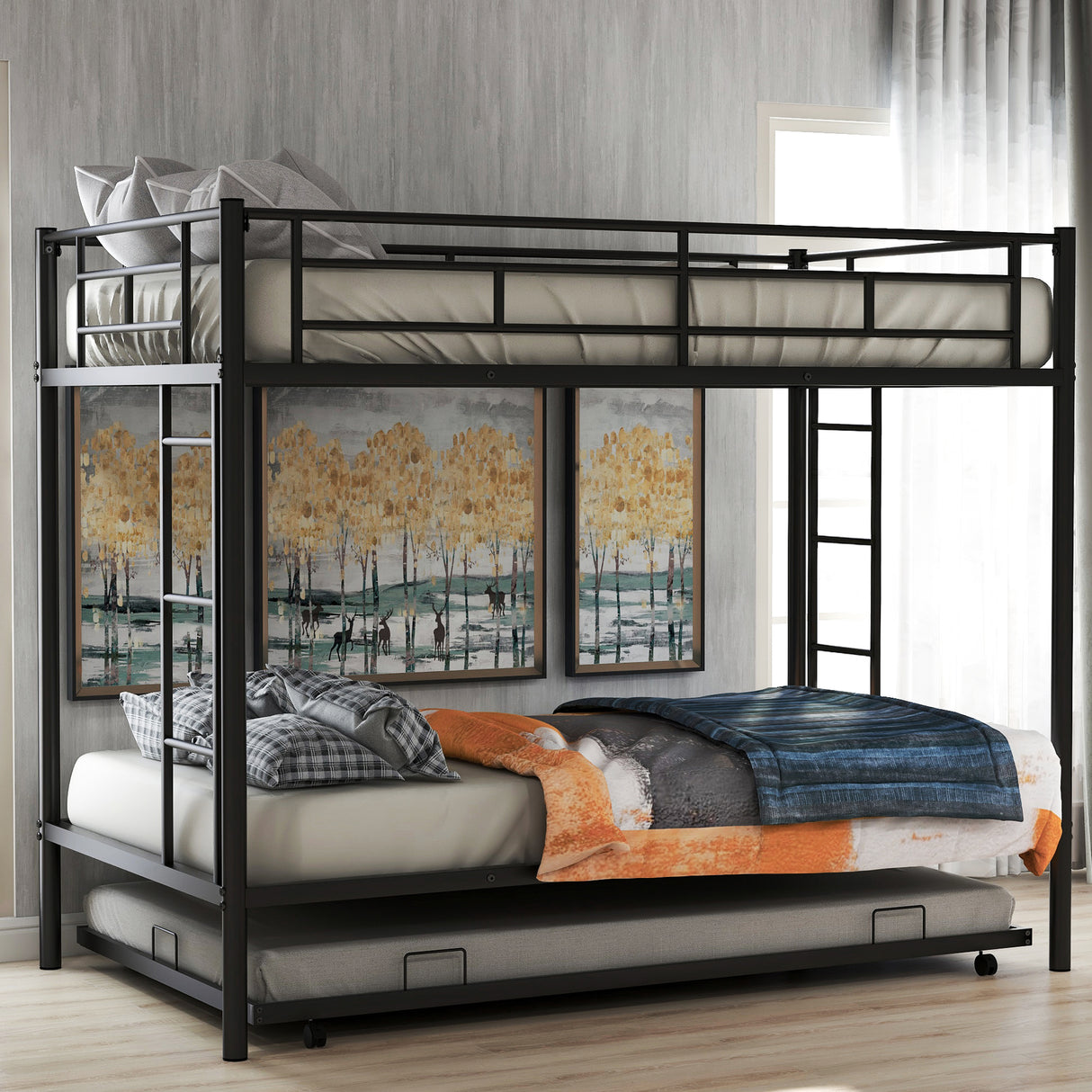 Twin over Twin Bunk Bed with Trundle, Black(OLD SKU:MF192387AAB) - Home Elegance USA