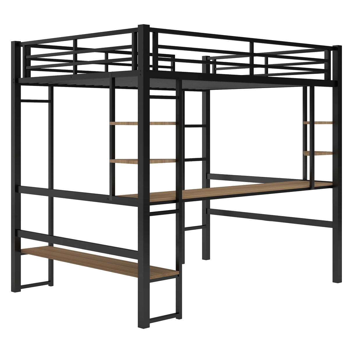 Full Size Loft Metal&MDF Bed with Long Desk and Shelves,Black(OLD SKU:SM000608AAB-1) - Home Elegance USA