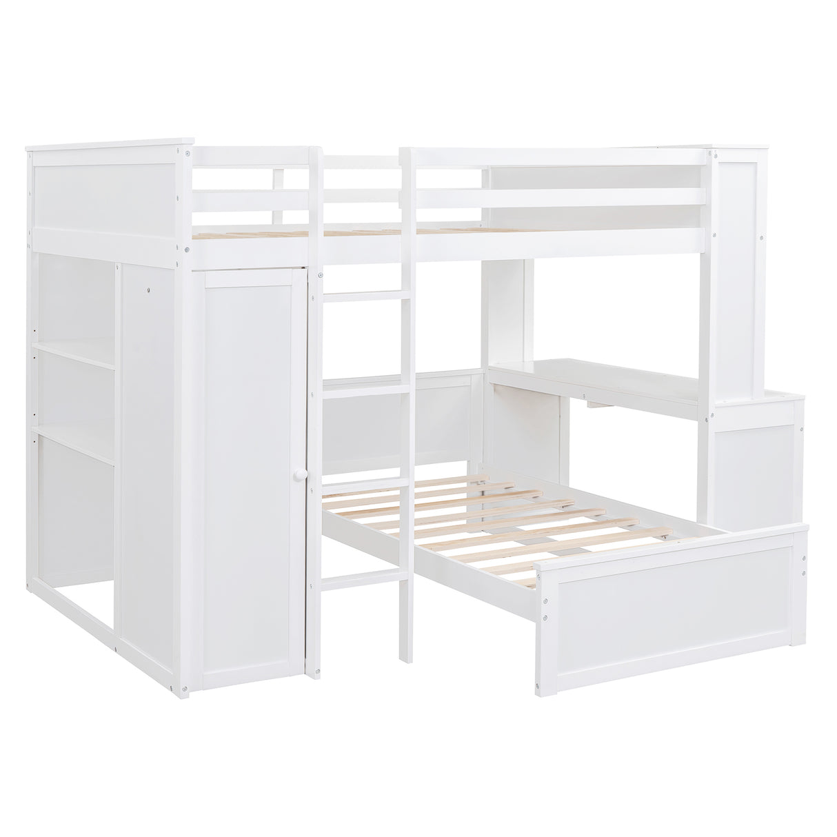 Full size Loft Bed with a twin size Stand-alone bed, Shelves,Desk,and Wardrobe-White - Home Elegance USA