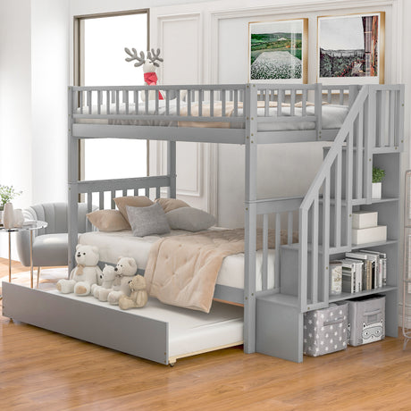 Twin over Twin Bunk Bed with Trundle and Storage, Gray - Home Elegance USA