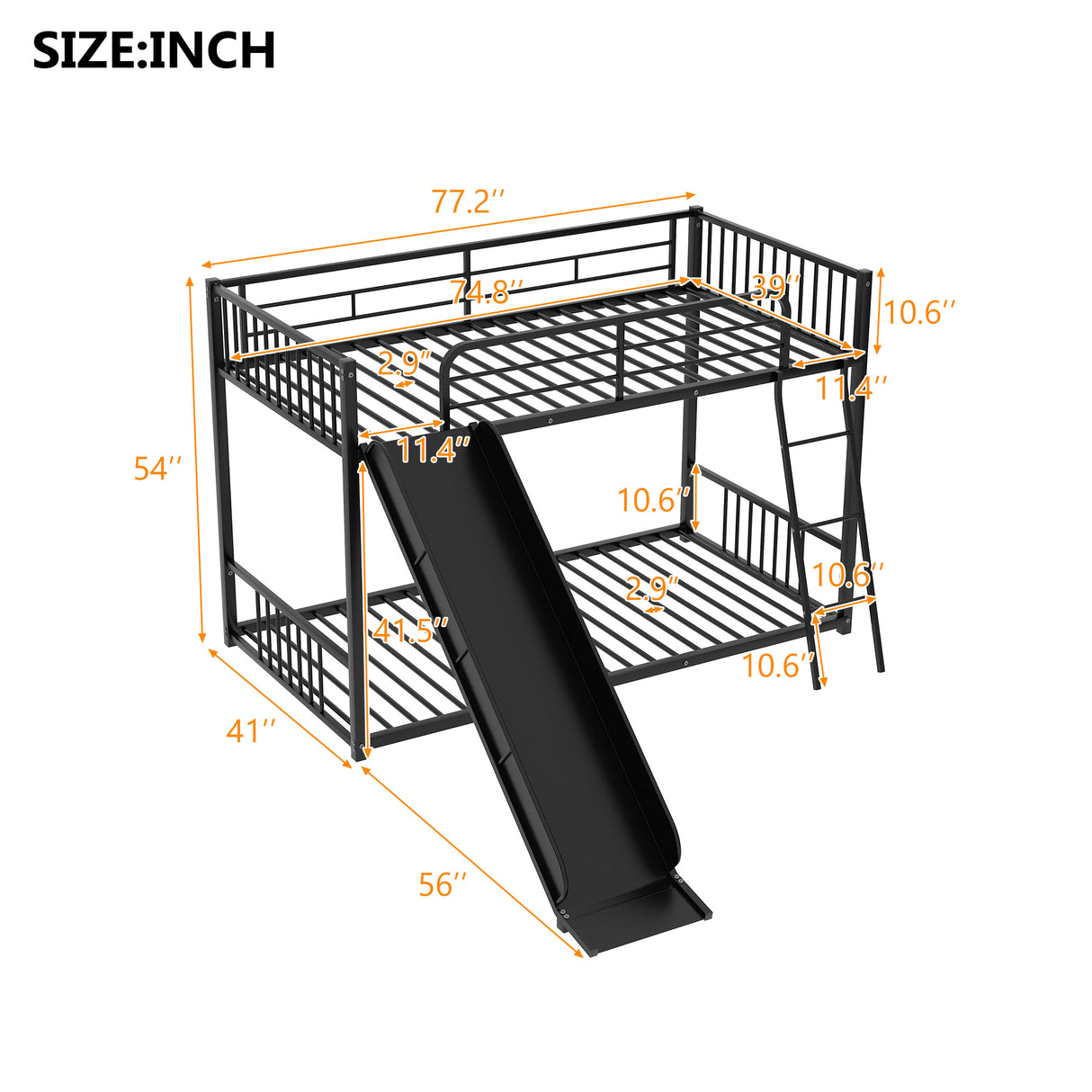 Metal Bunk Bed with Slide, Twin over Twin, Black - Home Elegance USA