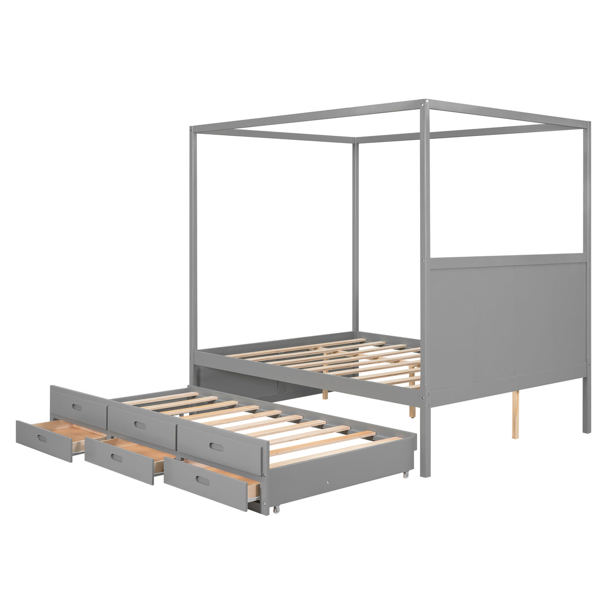 Queen Size Canopy Platform Bed with Twin Size Trundle and Three Storage Drawers,Gray - Home Elegance USA