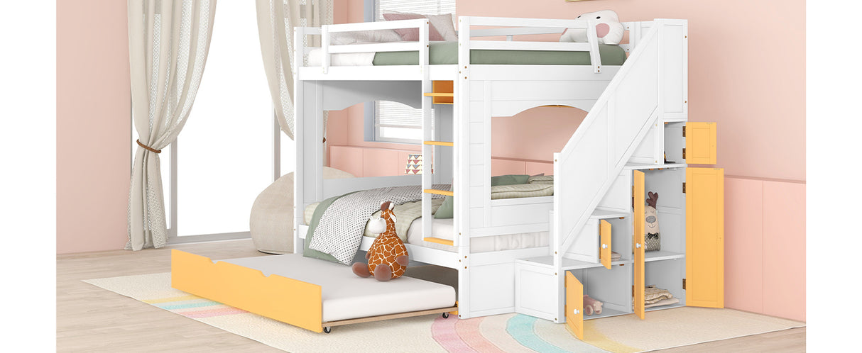 Full Over Full Bunk Bed with Trundle ,Stairs,Ladders Solid Wood Bunk bed with Storage Cabinet （White + Yellow） - Home Elegance USA