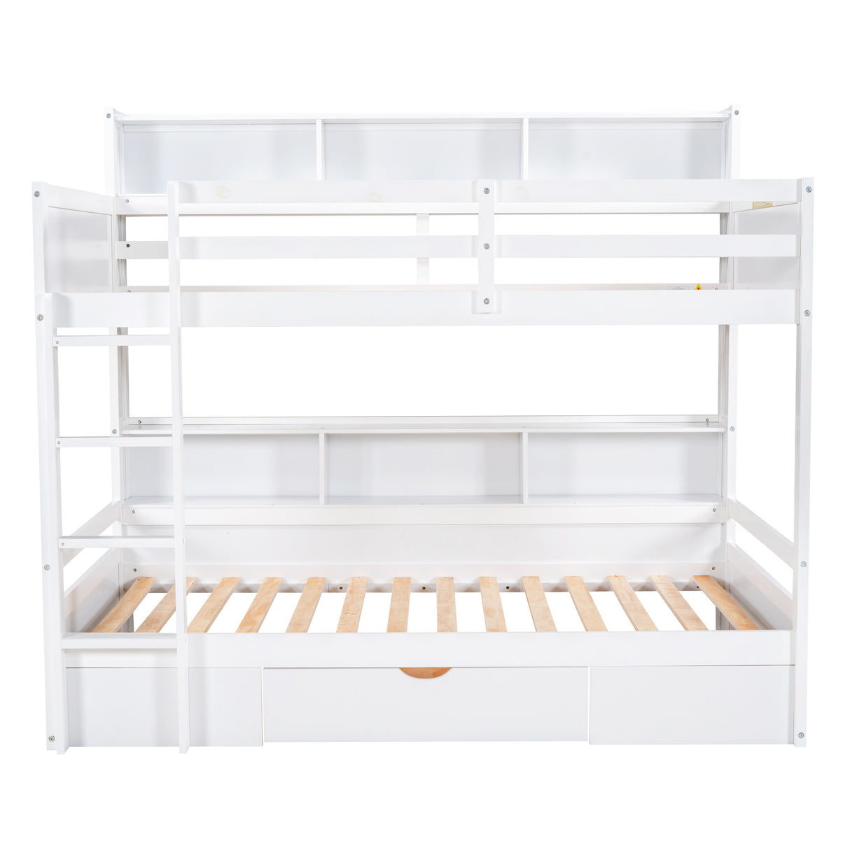 Twin Size Bunk Bed with Built-in Shelves Beside both Upper and Down Bed and Storage Drawer,White - Home Elegance USA