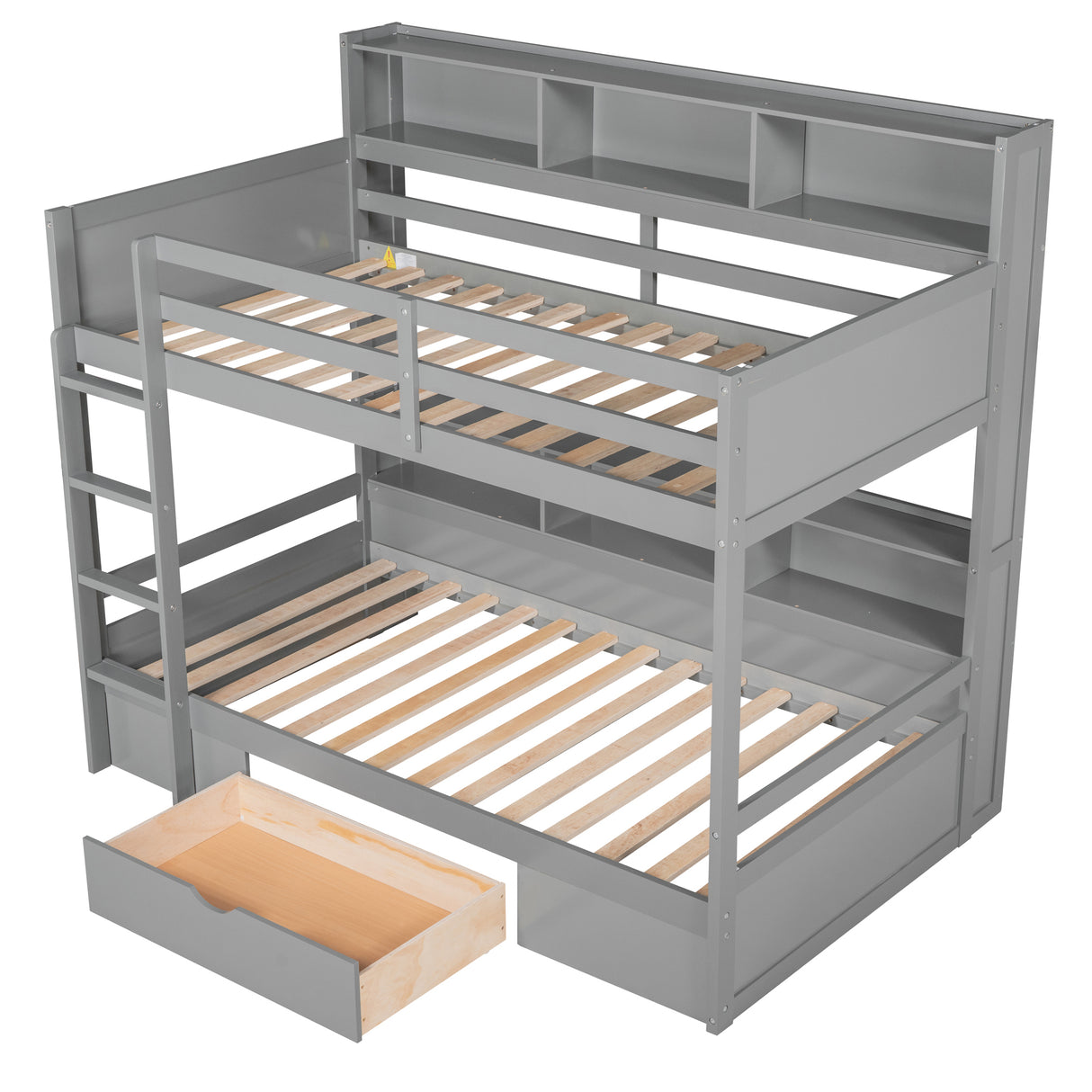 Twin Size Bunk Bed with Built-in Shelves Beside both Upper and Down Bed and Storage Drawer,Gray - Home Elegance USA