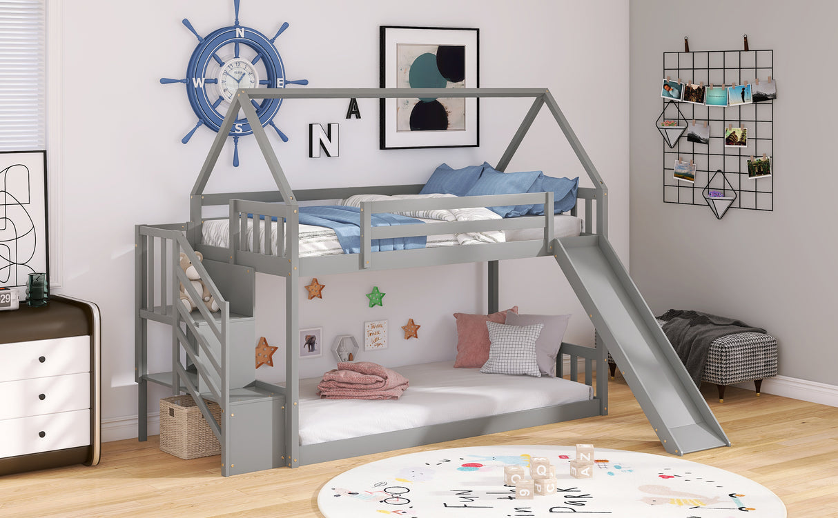 Twin over Twin House Bunk Bed with Slide and Storage Staircase,Grey - Home Elegance USA