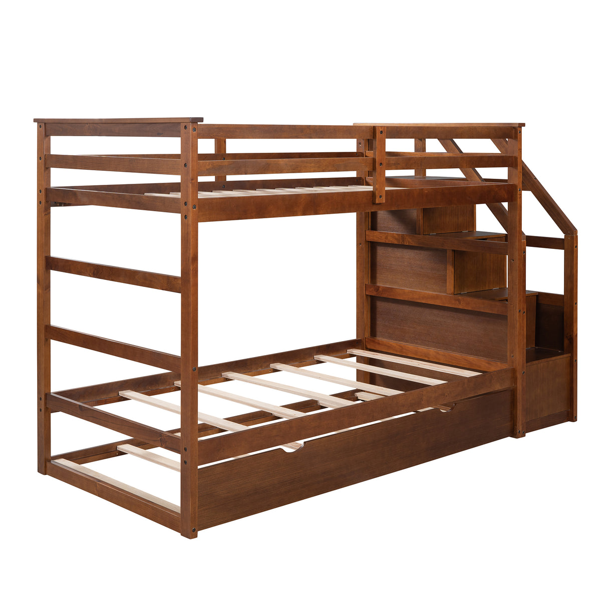 Twin-Over-Twin Bunk Bed with Twin Size Trundle and 3 Storage Stairs,Walnut (OLD SKU :LP000064AAD) - Home Elegance USA