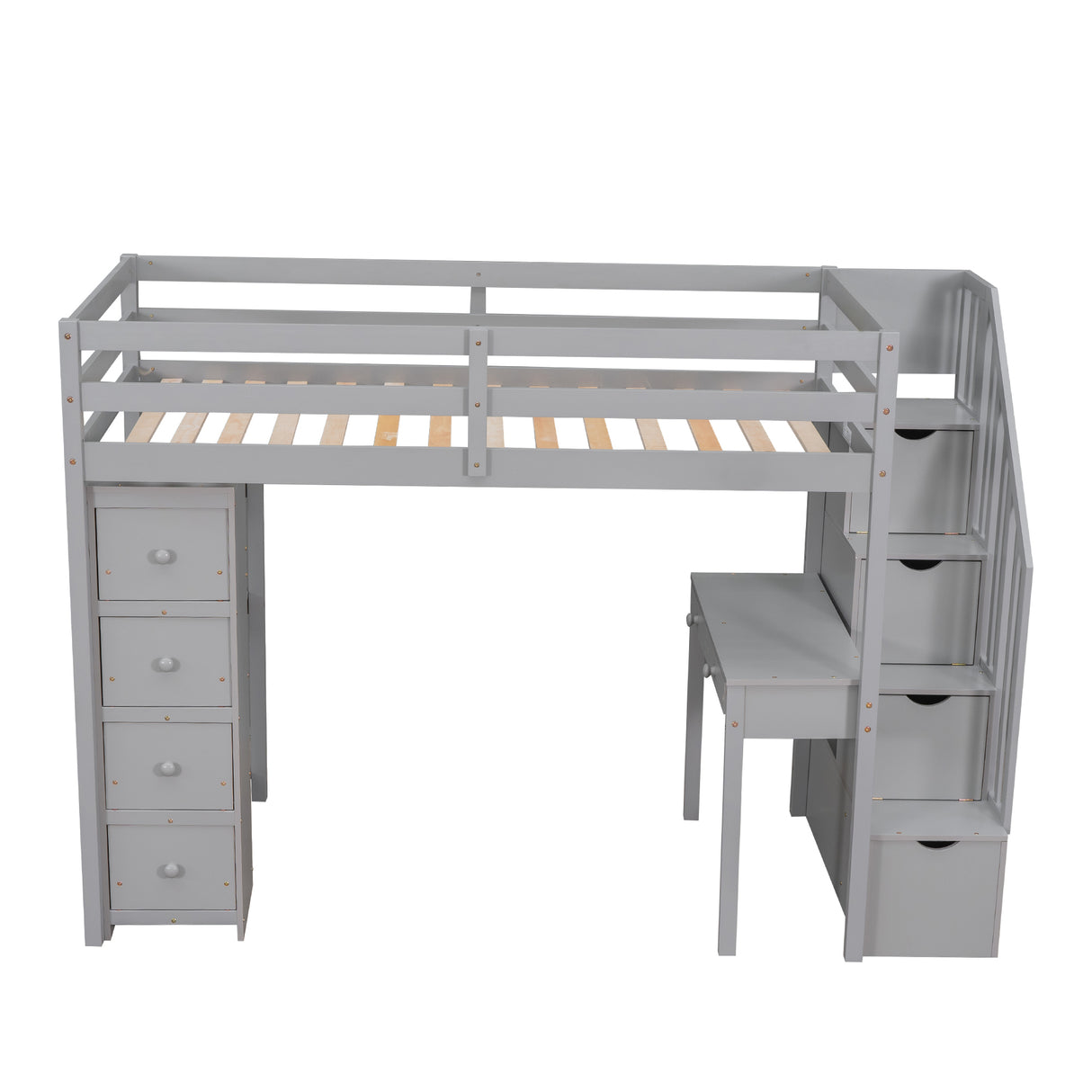 Twin size Loft Bed with Storage Drawers ,Desk and Stairs, Wooden Loft Bed with Shelves - Gray - Home Elegance USA