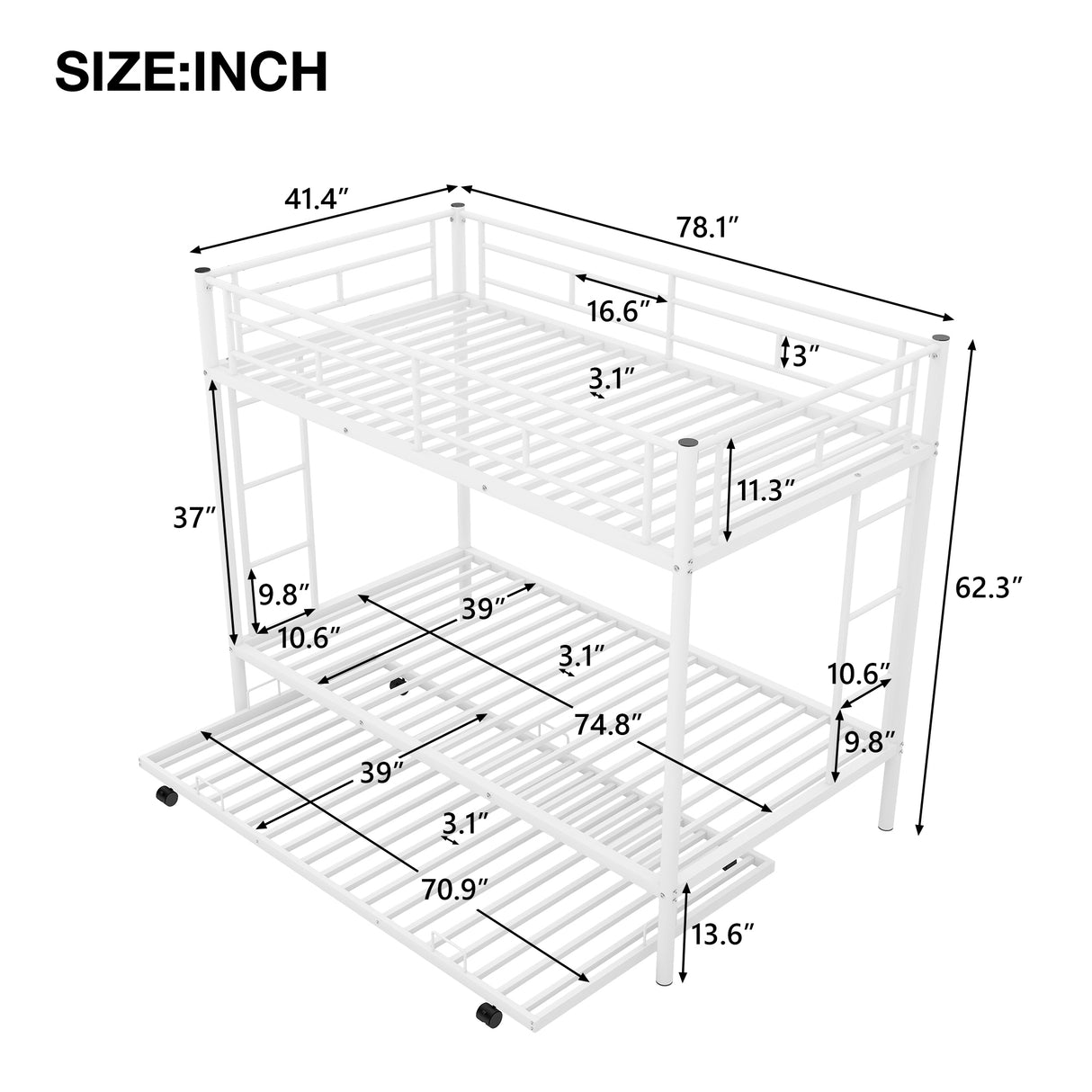 Twin over Twin Bunk Bed with Trundle, White(OLD SKU:MF192387AAK) - Home Elegance USA